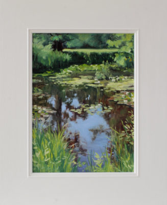 Rosemary Lewis at Norton Way Gallery, Hertfordshire. This original artwork by British artist, Rosemary Lewis is painted in oils. It depicts a lucious green and blue pond, with waterlilies and reeds. This original painting is framed in a hand painted, off white frame.