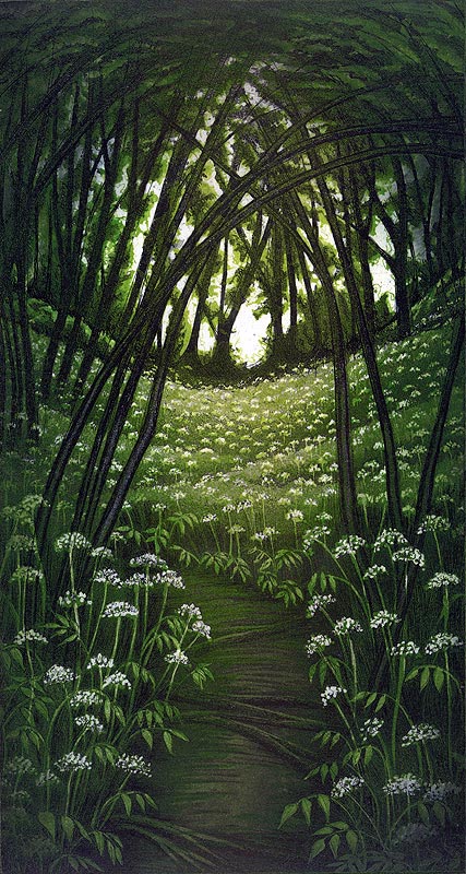 Morna Rhys, at Norton Way Gallery, Hertfordshire. This original artwork by British artist, Morna Rhys is an original artist's etching. It depicts a leafy glade, in greens.