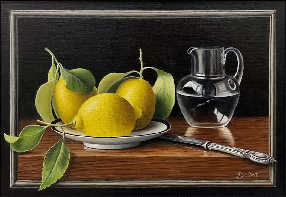 Anne Songhurst Art at Norton Way Gallery Hertfordshire. This beautiful oil painting is an original artwork by British artist Anne Songhurst. It is a still life painting, depicting lemons with a clear glass water jug and pewtor knife. Both the knife and lemons are partly painted in a tromp l'oeil style.