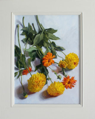 Rosemary Lewis at Norton Way Gallery, Hertfordshire. This original artwork by British artist, Rosemary Lewis is painted in oils. It depicts a strewn bunch of organge flowers. This original painting is framed in a hand painted, off white frame.