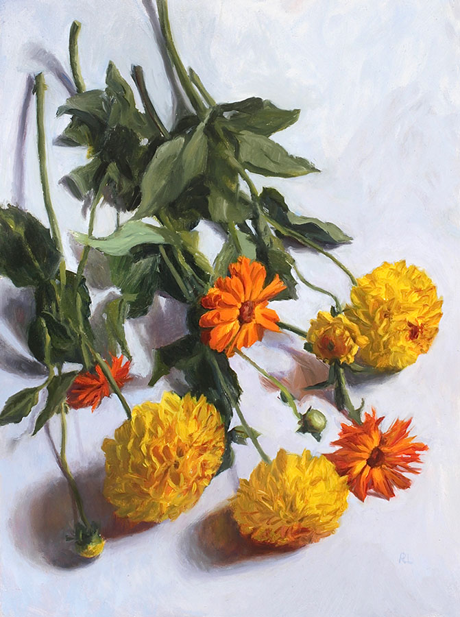 Rosemary Lewis at Norton Way Gallery, Hertfordshire. This original artwork by British artist, Rosemary Lewis is painted in oils. It depicts a strewn bunch of organge flowers. This original painting is framed in a hand painted, off white frame.