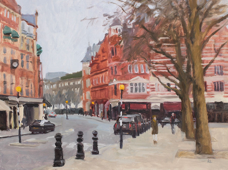 Rosemary Lewis at Norton Way Gallery, Hertfordshire. This original artwork by British artist, Rosemary Lewis is painted in oils. It depicts a busy London, Kings Road street scene . This original painting is framed in a hand painted, off white frame.