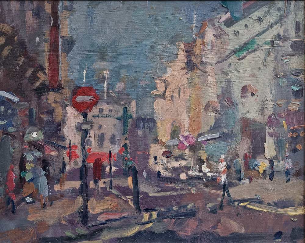 Andrew Farmer at Norton Way Gallery, Hertfordshire. This original artwork by British artist, Andrew Farmer is painted in oils. It depicts a bustling Leicester Square. This original painting is framed in a hand painted, off white frame.