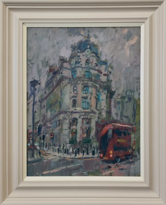 Andrew Farmer at Norton Way Gallery, Hertfordshire. This original artwork by British artist, Andrew Farmer is painted in oils. It depicts a bustling Bank scene with a red double decker bus. This original painting is framed in a hand painted, off white frame.