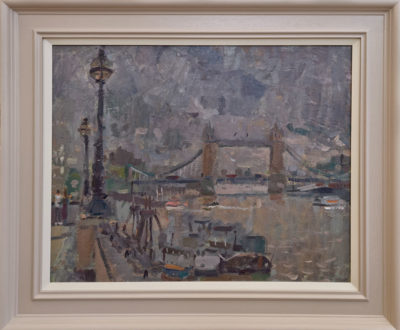 Andrew Farmer at Norton Way Gallery, Hertfordshire. This original artwork by British artist, Andrew Farmer is painted in oils. It depicts a dark, half light view of Tower Bridge, London, UK. This original painting is framed in a hand painted, off white frame.