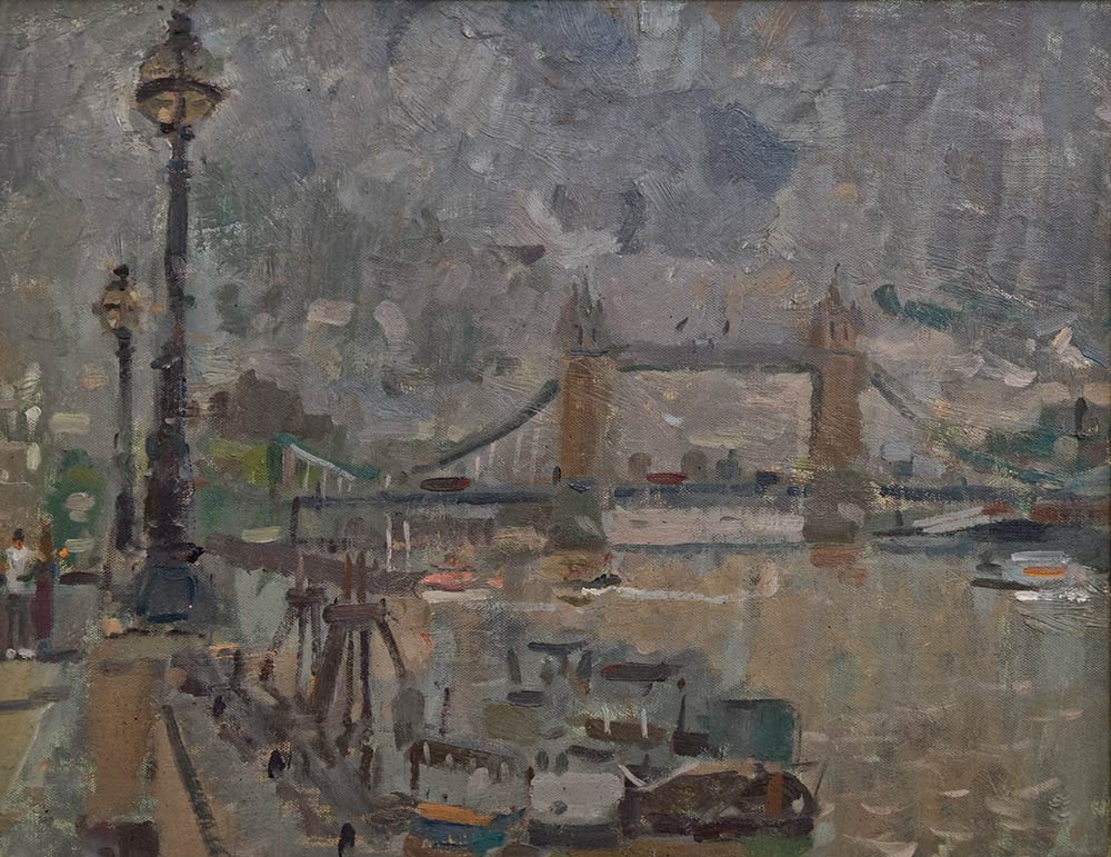 Andrew Farmer at Norton Way Gallery, Hertfordshire. This original artwork by British artist, Andrew Farmer is painted in oils. It depicts a dark, half light view of Tower Bridge, London, UK. This original painting is framed in a hand painted, off white frame.