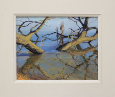 Rosemary Lewis at Norton Way Gallery, Hertfordshire. This original artwork by British artist, Rosemary Lewis is painted in oils. It depicts the base of an old Willow tree in a river. This original painting is framed in a hand painted, off white frame.