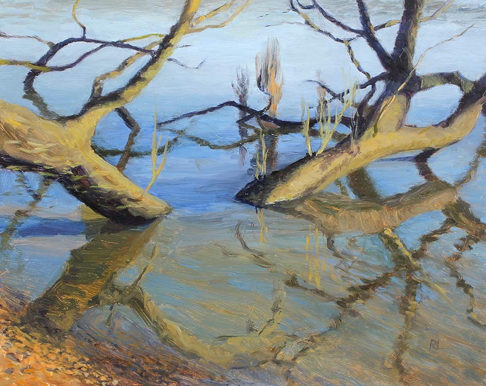 Rosemary Lewis at Norton Way Gallery, Hertfordshire. This original artwork by British artist, Rosemary Lewis is painted in oils. It depicts the base of an old Willow tree in a river. This original painting is framed in a hand painted, off white frame.