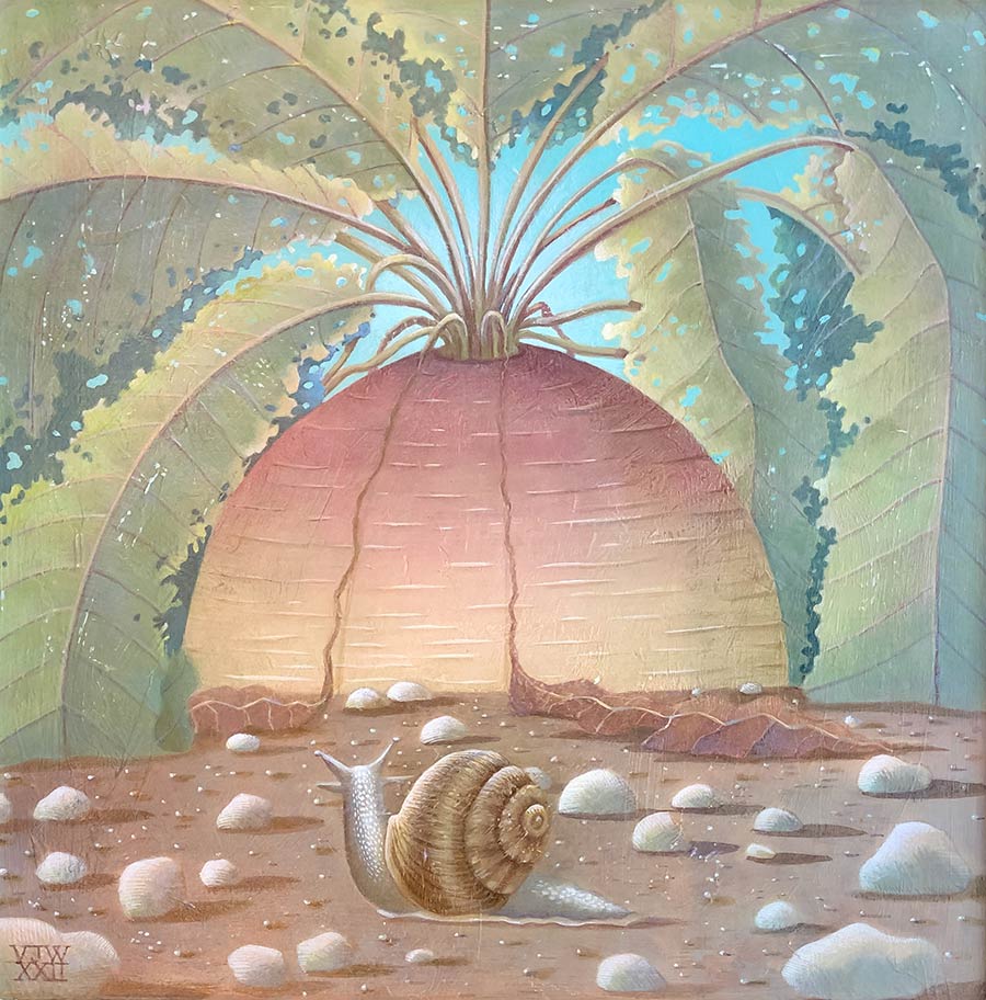 Victoria Webster at Norton Way Gallery, Hertfordshire. This original artwork by British artist, Victoria Webster is painted in oils. It depicts an enormous Turnip with a snail.