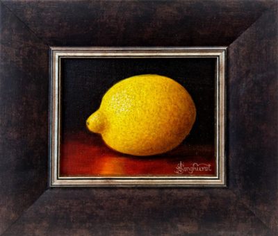 Anne Songhurst Art at Norton Way Gallery Hertfordshire. This beautiful oil painting is an original artwork by British artist Anne Songhurst. It is a still life painting, depicting a single Italian Lemon.