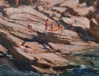 Michael Alford Art at Norton Way Gallery Hertfordshire. This beautiful oil painting is an original artwork by British artist Michael Alford. It is a genre painting, depicting a Mediterranean coastal scene, with bathers