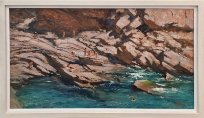 Michael Alford Art at Norton Way Gallery Hertfordshire. This beautiful oil painting is an original artwork by British artist Michael Alford. It is a genre painting, depicting a Mediterranean coastal scene, with bathers