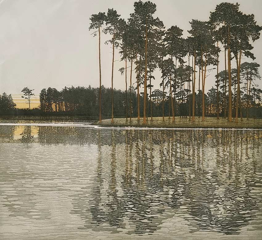 Phil Greenwood RE, at Norton Way Gallery, Hertfordshire. This original artwork by British artist, Phil Greenwood RE is an original artist's etching. It depicts tall trees, at the edge of water.
