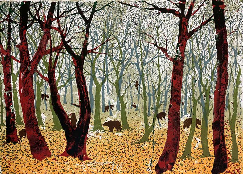 Tim Southall at Norton Way Gallery, Hertfordshire. This original artwork by British artist, Tim Southall is an original etching. It depicts lots of brown bears in woodland.