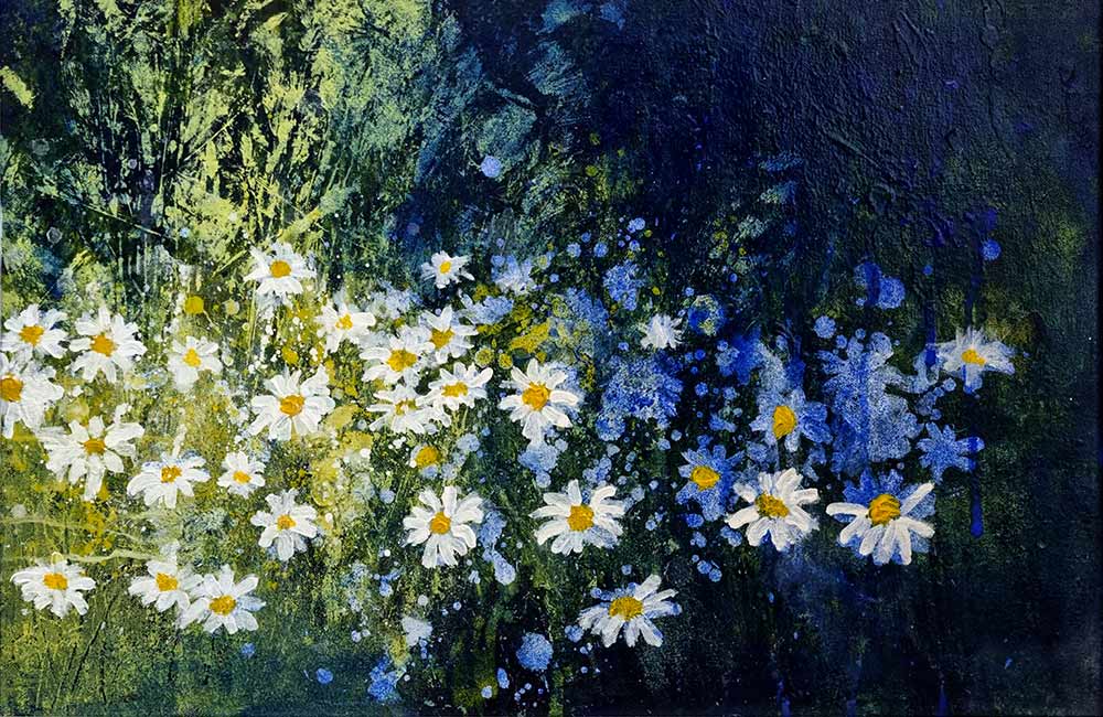 Sally Bassett Art at Norton Way Gallery Hertfordshire. This beautiful acrylic painting is an original artwork by British artist Sally Bassett. It is a landscape painting, depicting daisies in a contrasting shadow.