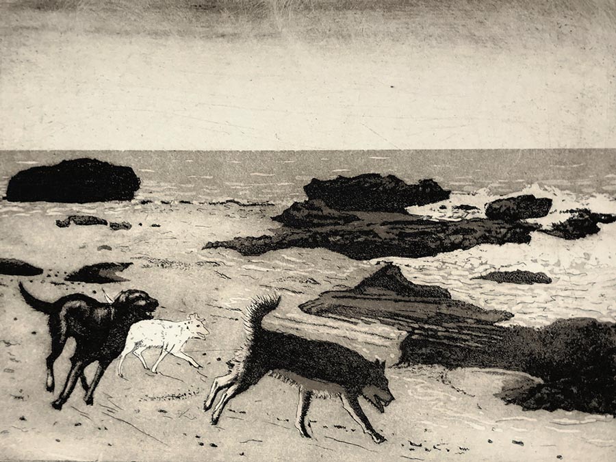 Tim Southall at Norton Way Gallery, Hertfordshire. This original artwork by British artist, Tim Southall is an original etching. It depicts three dogs running on the beach.