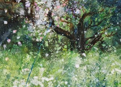 Sally Bassett Art at Norton Way Gallery Hertfordshire. This beautiful acrylic painting is an original artwork by British artist Sally Bassett. It is a landscape painting, depicting an overgrown orchard, with long grass, flowers and trees.