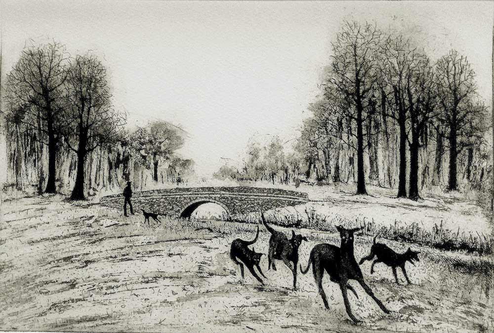 Tim Southall at Norton Way Gallery, Hertfordshire. This original artwork by British artist, Tim Southall is an original etching. It depicts a group of dogs running.