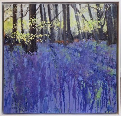 Sally Bassett Art at Norton Way Gallery Hertfordshire. This beautiful acrylic painting is an original artwork by British artist Sally Bassett. It is a landscape painting, depicting bluebells in woodland.