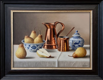 Anne Songhurst Art at Norton Way Gallery Hertfordshire. This beautiful oil painting is an original artwork by British artist Anne Songhurst. It is a still life painting, depicting a four and a half pears, blue and white china and two items of copperware. It is framed in a dark wood frame.