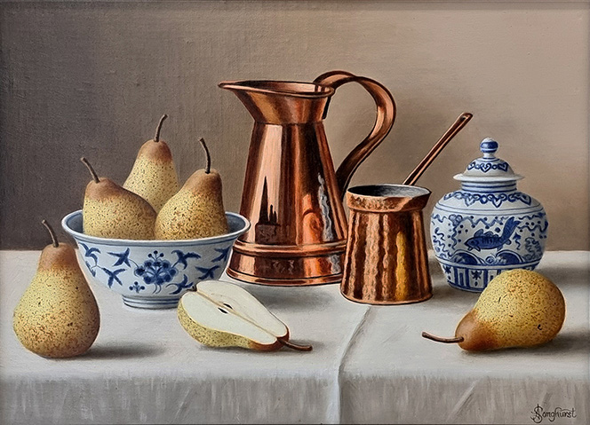 Anne Songhurst Art at Norton Way Gallery Hertfordshire. This beautiful oil painting is an original artwork by British artist Anne Songhurst. It is a still life painting, depicting a four and a half pears, blue and white china and two items of copperware. It is framed in a dark wood frame.