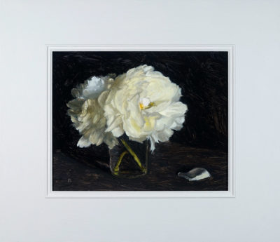Rosemary Lewis at Norton Way Gallery, Hertfordshire. This original artwork by British artist, Rosemary Lewis is painted in oils. It depicts white Peonies in a glass jar. This original painting is framed in a hand painted, off white frame.