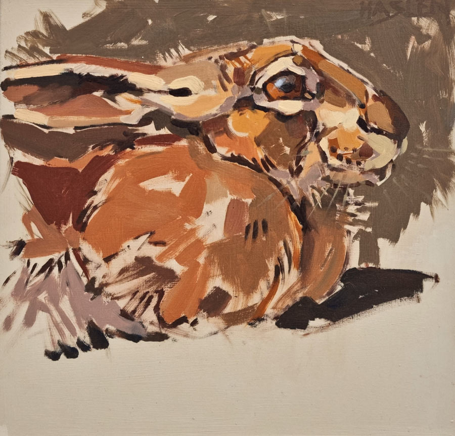 Andrew Haslen at Norton Way Gallery, Hertfordshire. This original artwork by British artist, Andrew Haslen is painted in oils. It depicts a Hare crouched low.