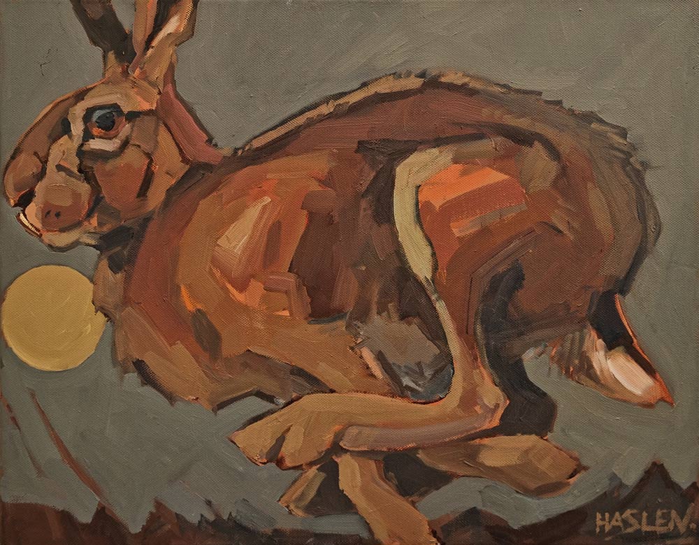 Andrew Haslen at Norton Way Gallery, Hertfordshire. This original artwork by British artist, Andrew Haslen is painted in oils. It depicts a hare running, with a moon at night.