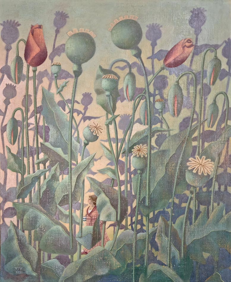 Victoria Webster at Norton Way Gallery, Hertfordshire. This original artwork by British artist, Victoria Webster is painted in oils. It depicts a woman drinking her morning tea, surrounded by tall poppies.
