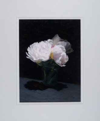 Rosemary Lewis at Norton Way Gallery, Hertfordshire. This original artwork by British artist, Rosemary Lewis is painted in oils. It depicts pink Peonies in a glass jar. This original painting is framed in a hand painted, off white frame.