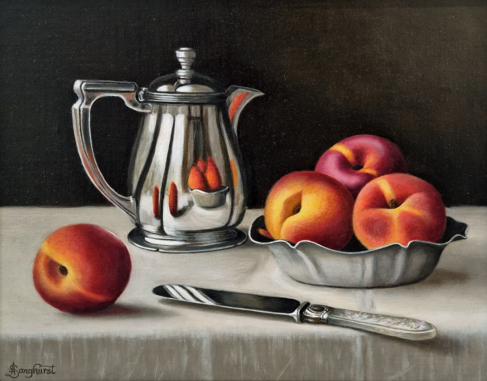 Anne Songhurst Art at Norton Way Gallery Hertfordshire. This beautiful oil painting is an original artwork by British artist Anne Songhurst. It is a still life painting, depicting a four Necterines, a knife and a Silver Jug. It is framed in a dark wood frame.