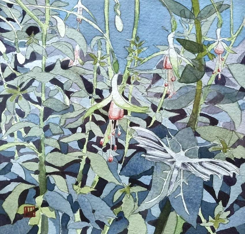 Amie Haslen at Norton Way Gallery, Hertfordshire. This original artwork by British artist, Amie Haslen is painted in acrylics. It depicts a summer flowers.