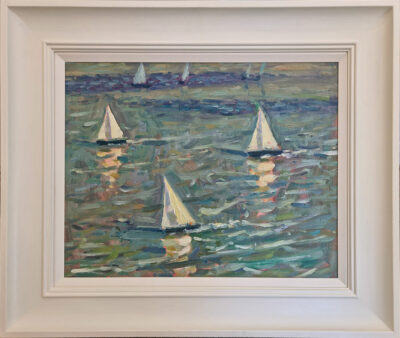 Andrew Farmer at Norton Way Gallery, Hertfordshire. This original artwork by British artist, Andrew Farmer is painted in oils. It depicts three sailing boats. This original painting is framed in a hand painted, off white frame.
