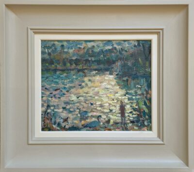Andrew Farmer at Norton Way Gallery, Hertfordshire. This original artwork by British artist, Andrew Farmer is painted in oils. It depicts ducks and a pond. This original painting is framed in a hand painted, off white frame.