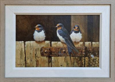 Neil Cox at Norton Way Gallery, Hertfordshire. This original artwork by British artist, Neil Cox is painted in oils. It depicts three Swallows perched on a barn door. This original painting is framed in a hand painted, off white and light wooden frame.