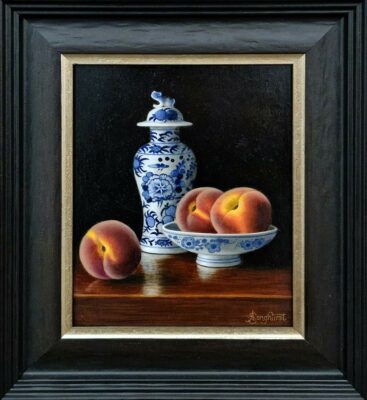 Anne Songhurst Art at Norton Way Gallery Hertfordshire. This beautiful oil painting is an original artwork by British artist Anne Songhurst. It is a still life painting, depicting a Chinese Vase and Raspberries. It is framed in a dark wood frame.