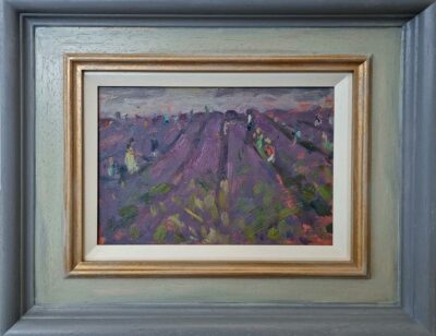 Andrew Farmer at Norton Way Gallery, Hertfordshire. This original artwork by British artist, Andrew Farmer is painted in oils. It depicts a Lavender field in summer. This original painting is framed in a hand painted frame.
