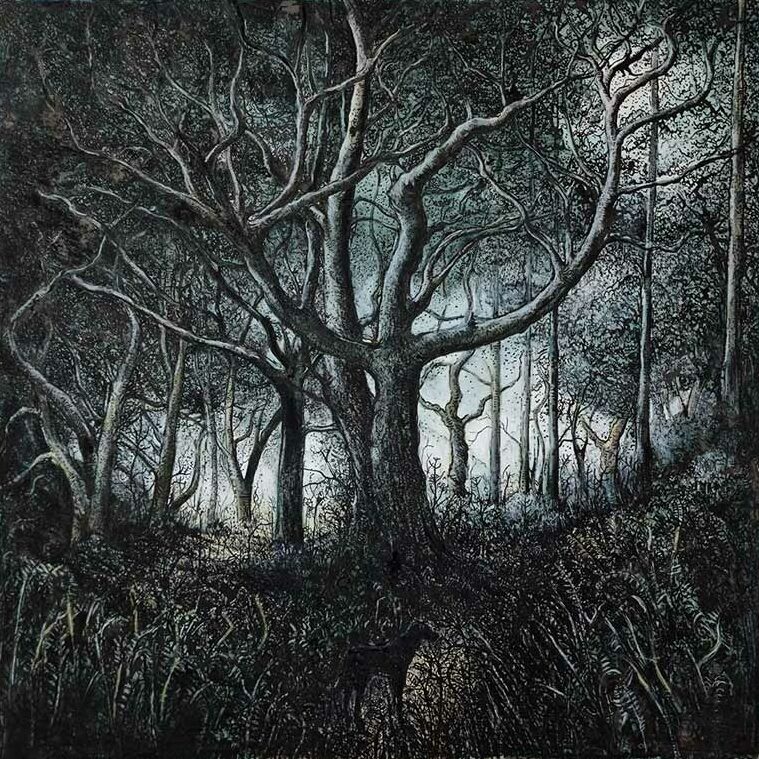 Lynda Jones art at Norton Way Gallery Hertfordshire. This beautiful pencil drawing is an original artwork by Welsh artist Lynda Jones. It depicts a dark woodland, landscape scene, with a dog silhouetted in the foreground