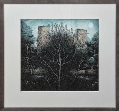 Lynda Jones art at Norton Way Gallery Hertfordshire. This beautiful pencil drawing is an original artwork by Welsh artist Lynda Jones. It depicts a dark orchard, landscape with a castle and wall in the background.