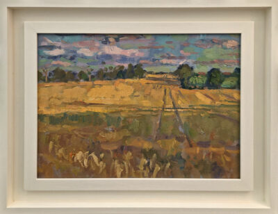 Andrew Farmer at Norton Way Gallery, Hertfordshire. This original artwork by British artist, Andrew Farmer is painted in oils. It depicts a corn field in summer. This original painting is framed in a hand painted, off white frame.