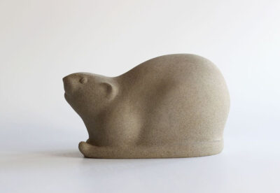 Jennifer Tetlow sculpture at Norton Way Gallery Hertfordshire. This beautiful stone carving, from Jennifer Tetlow is carved from Soapstone. It depicts a symbolic, cute Water Vole