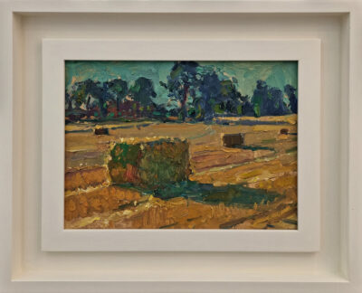 Andrew Farmer at Norton Way Gallery, Hertfordshire. This original artwork by British artist, Andrew Farmer is painted in oils. It depicts a wheat field in summer. This original painting is framed in a hand painted, off white frame.