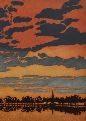 Phil Greenwood RE, at Norton Way Gallery, Hertfordshire. This original artwork by British artist, Phil Greenwood RE is an original artist's etching. It depicts a stunning, orange sunset.
