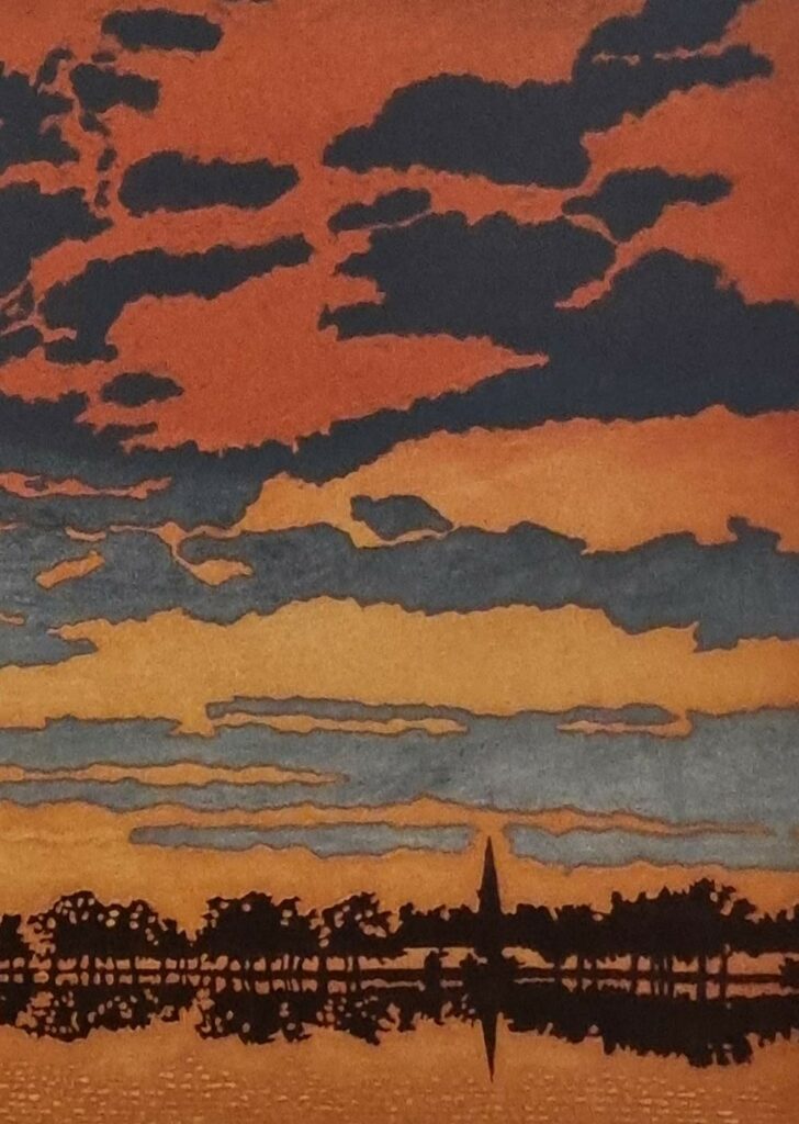Phil Greenwood RE, at Norton Way Gallery, Hertfordshire. This original artwork by British artist, Phil Greenwood RE is an original artist's etching. It depicts a stunning, orange sunset.
