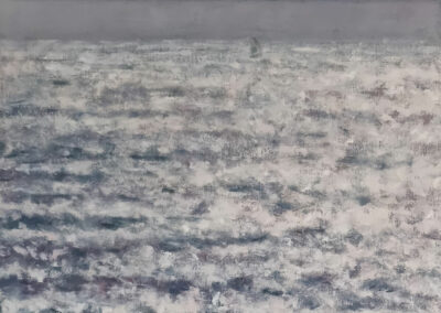 Justin Tew at Norton Way Gallery, Hertfordshire. This original artwork by British artist, Justin Tew is painted in oils. This artwork depicts a scene of infinite ocean waves. There is a small sailing boat in the distance.