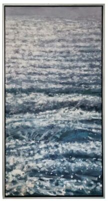 Justin Tew at Norton Way Gallery, Hertfordshire. This original artwork by British artist, Justin Tew is painted in oils. This artwork depicts a scene of infinite ocean waves. There is a small sailing boat in the distance.