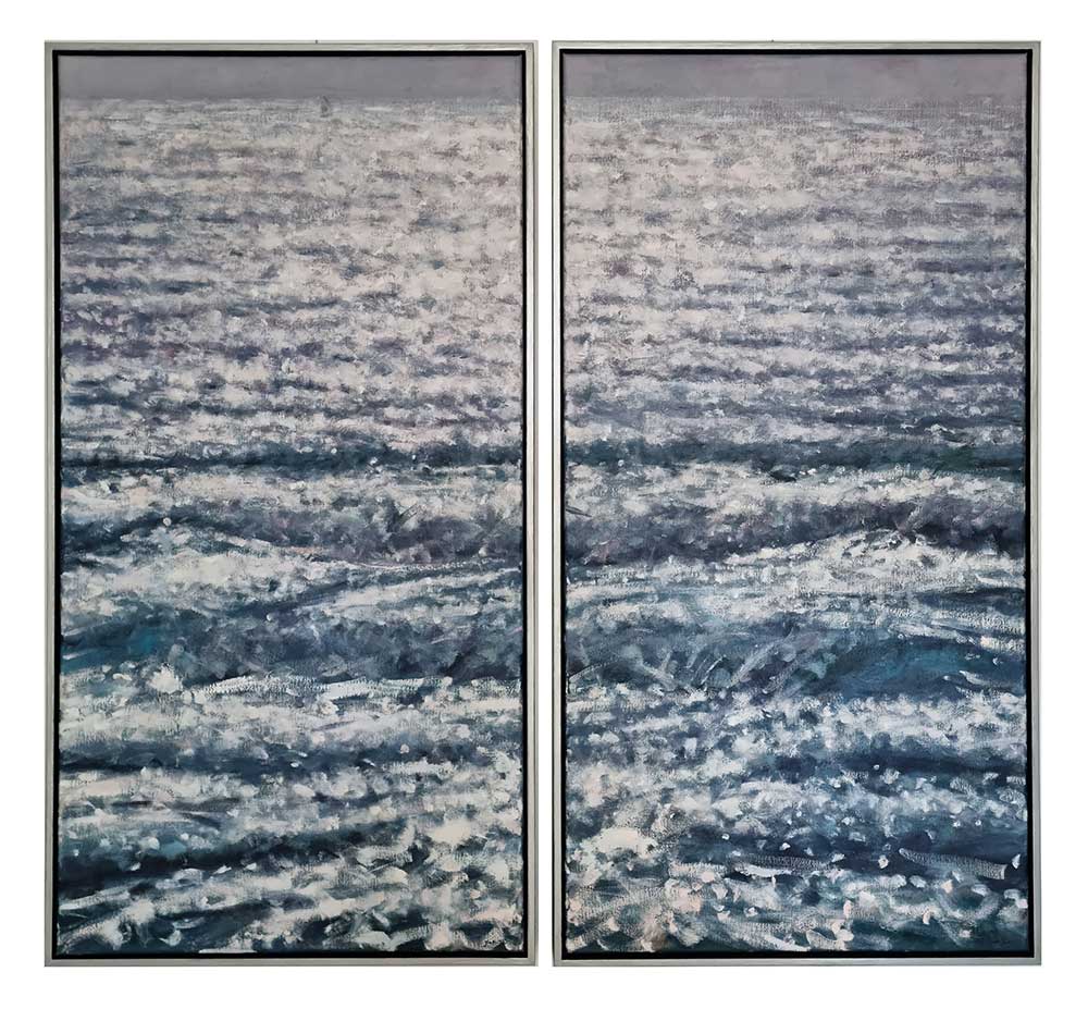 Justin Tew at Norton Way Gallery, Hertfordshire. This original artwork by British artist, Justin Tew is painted in oils. It depicts a scene of infinite ocean waves. There is a small sailing boat in the distance.
