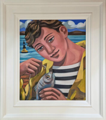 Liz Ridgway at Norton Way Gallery Hertfordshire. This beautiful, original oil painting by Liz Ridgway is an original work of art. It depicts a young fisher man removing a hook from the mouth of a fish.