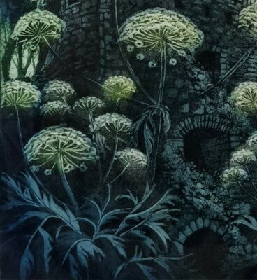 Morna Rhys art at Norton Way Gallery Hertfordshire. This beautiful original etching is an original artwork by Morna Rhys. It is typically atmospheric and depicts an ancient castle turret surrounded by wild flowers and Cow Parsley. A full moon has emerged from billowing clouds.