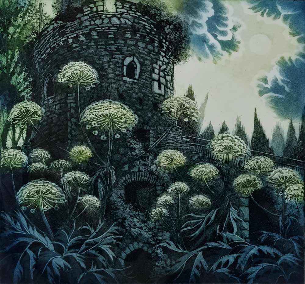 Morna Rhys art at Norton Way Gallery Hertfordshire. This beautiful original etching is an original artwork by Morna Rhys. It is typically atmospheric and depicts an ancient castle turret surrounded by wild flowers and Cow Parsley. A full moon has emerged from billowing clouds.